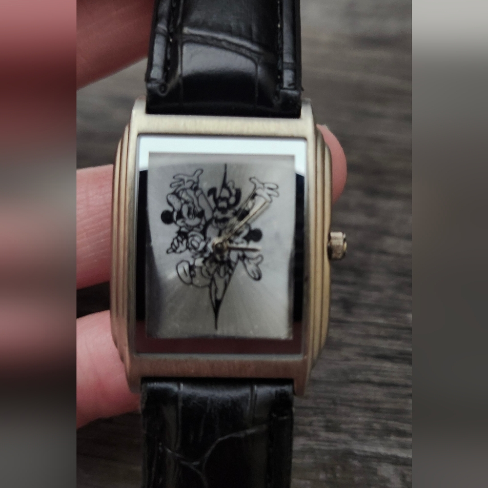 Mickey, Minnie & Goofy Strada Black Faux Leather Strap Watch